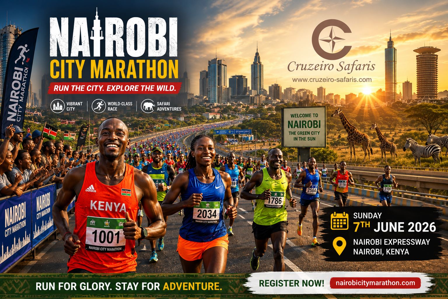 Promotional poster for the Nairobi City Marathon 2026 showing runners racing along the Nairobi Expressway at sunrise with the Nairobi skyline in the background. The image features cheering crowds, colorful athletic gear, safari animals including giraffes and zebras in the distance, and the Cruzeiro Safaris logo. Event details highlight the race date as 7th June 2026 in Nairobi, Kenya.