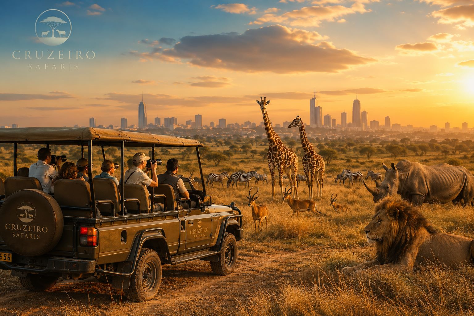 Luxury Nairobi safari experience by Cruzeiro Safaris featuring wildlife in Nairobi National Park with the Nairobi skyline in the background.