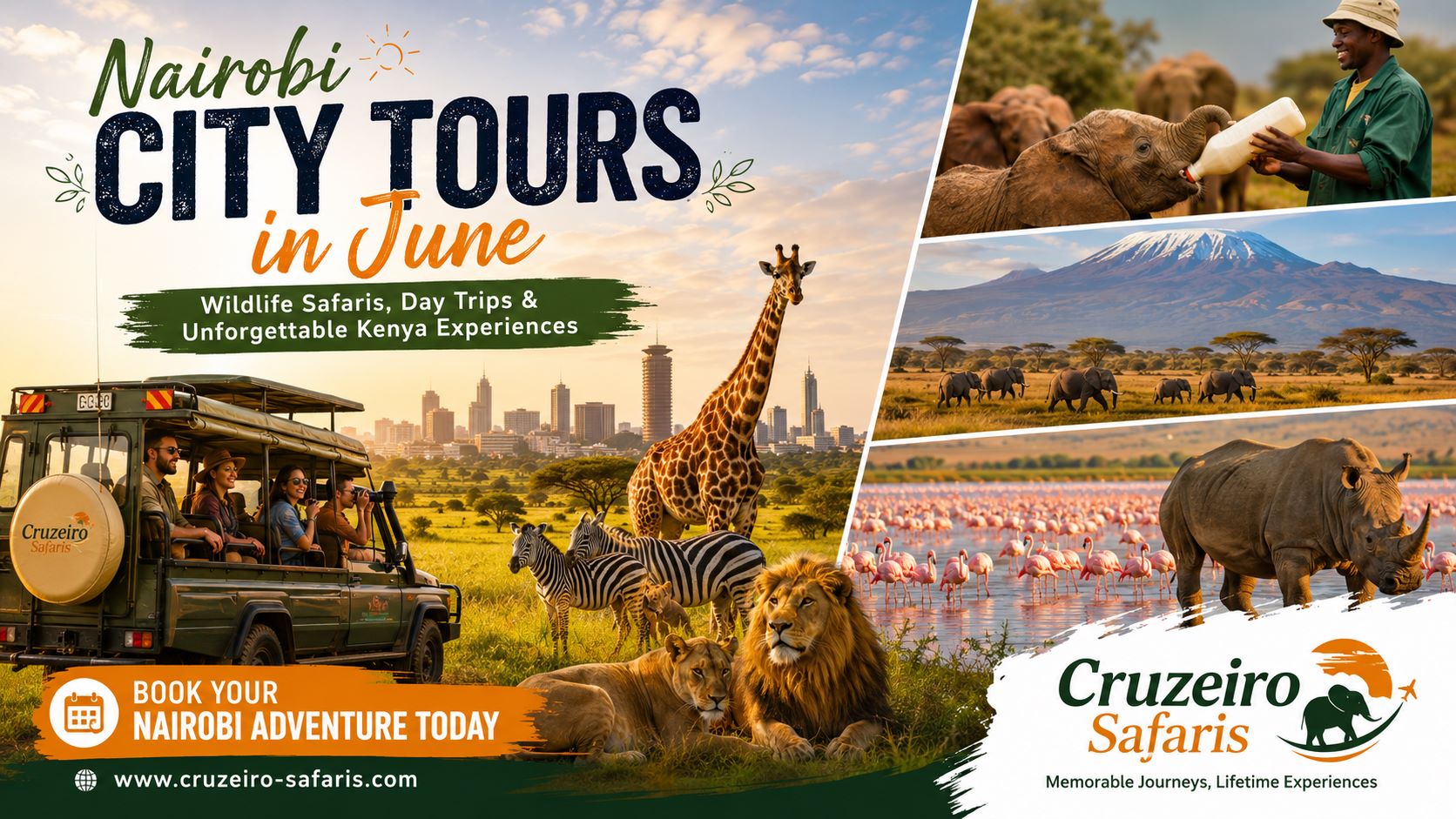 Promotional travel banner for “Nairobi City Tours in June” featuring a sunrise safari scene in Nairobi National Park. A safari vehicle carrying international tourists overlooks giraffes, zebras, lions, and rhinos grazing on lush green plains with the Nairobi skyline in the background. Additional panels showcase baby elephants at an orphanage, Mount Kilimanjaro with elephants, and flamingos alongside a rhino at Lake Nakuru. The banner includes the Cruzeiro Safaris logo, a call-to-action to book a Nairobi adventure, and the website www.cruzeiro-safaris.com.