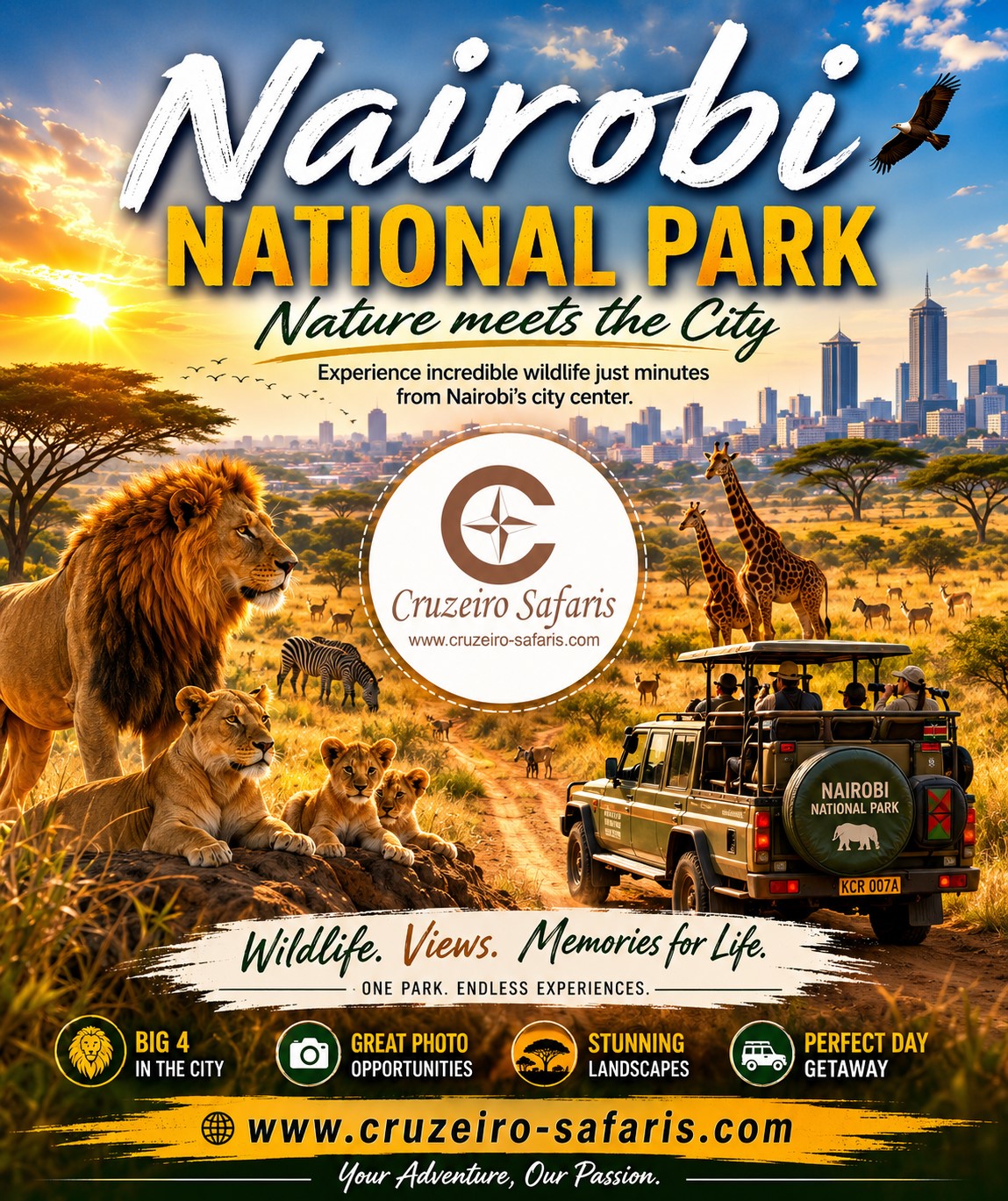 Nairobi National Park safari with lions, giraffes, zebras, and a 4x4 game drive vehicle against the Nairobi skyline. Branded by Cruzeiro Safaris Kenya with website watermark for authentic Kenya safari tours.