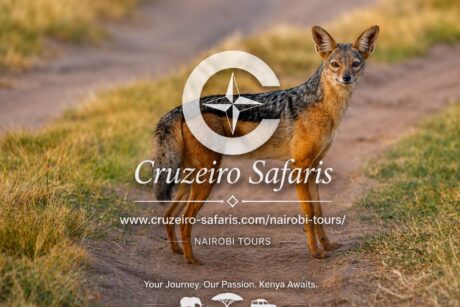Black-backed jackal standing on a safari track in Maasai Mara National Reserve, Kenya. Experience authentic wildlife safaris, Big Five adventures, and direct Kenya safari bookings with Cruzeiro Safaris.
