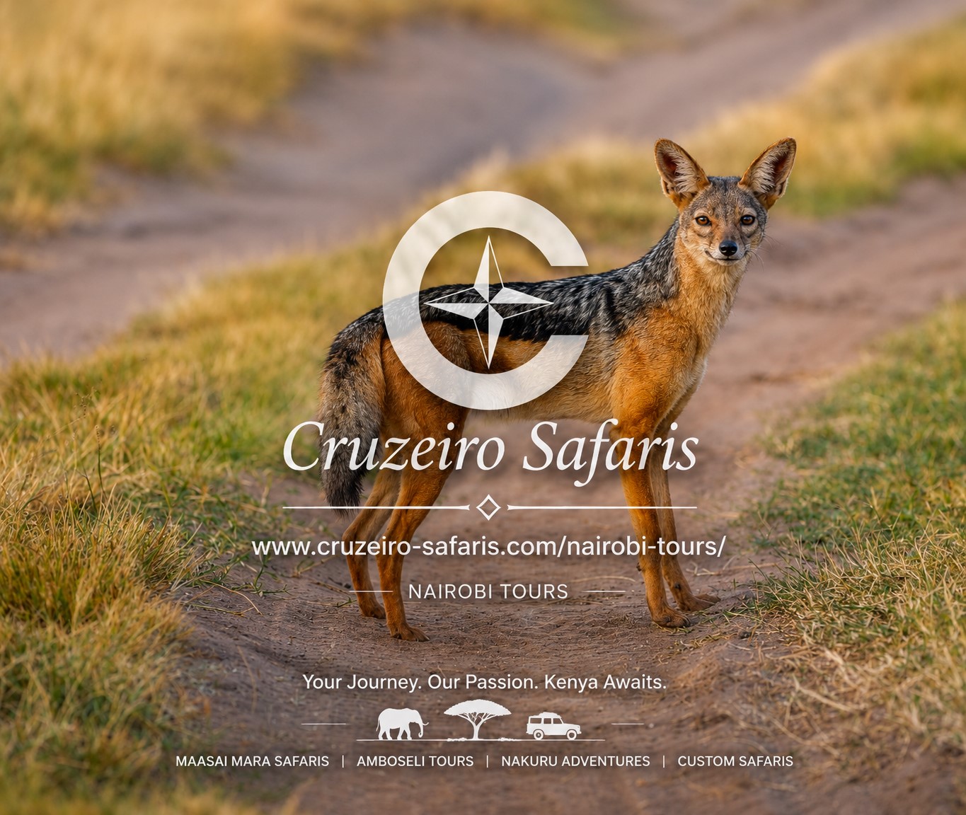 Black-backed jackal standing on a safari track in Maasai Mara National Reserve, Kenya. Experience authentic wildlife safaris, Big Five adventures, and direct Kenya safari bookings with Cruzeiro Safaris.