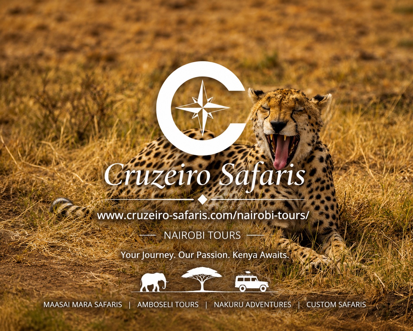 Yawning cheetah relaxing in the golden grasslands of Maasai Mara National Reserve, Kenya. Discover unforgettable wildlife safaris, Big Five adventures, and direct Kenya safari bookings with Cruzeiro Safaris.
