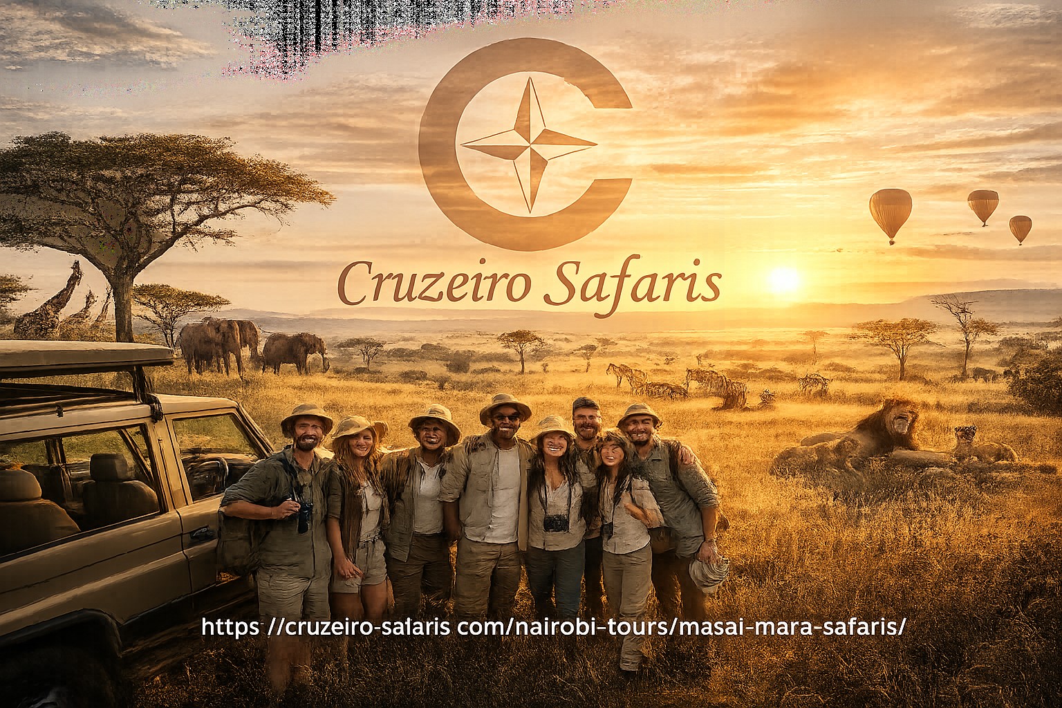 Luxury group safari in Kenya by Cruzeiro Safaris Kenya, featuring happy travelers enjoying a 4x4 game drive in the Masai Mara while watching lions, elephants, giraffes, zebras, and hot air balloons at sunrise.