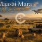 Luxury Maasai Mara Fly-In Day Safari by Cruzeiro Safaris Kenya featuring a light aircraft, 4x4 safari vehicle, lions, elephants, giraffes and wildebeest on the golden savannah under dramatic African skies.