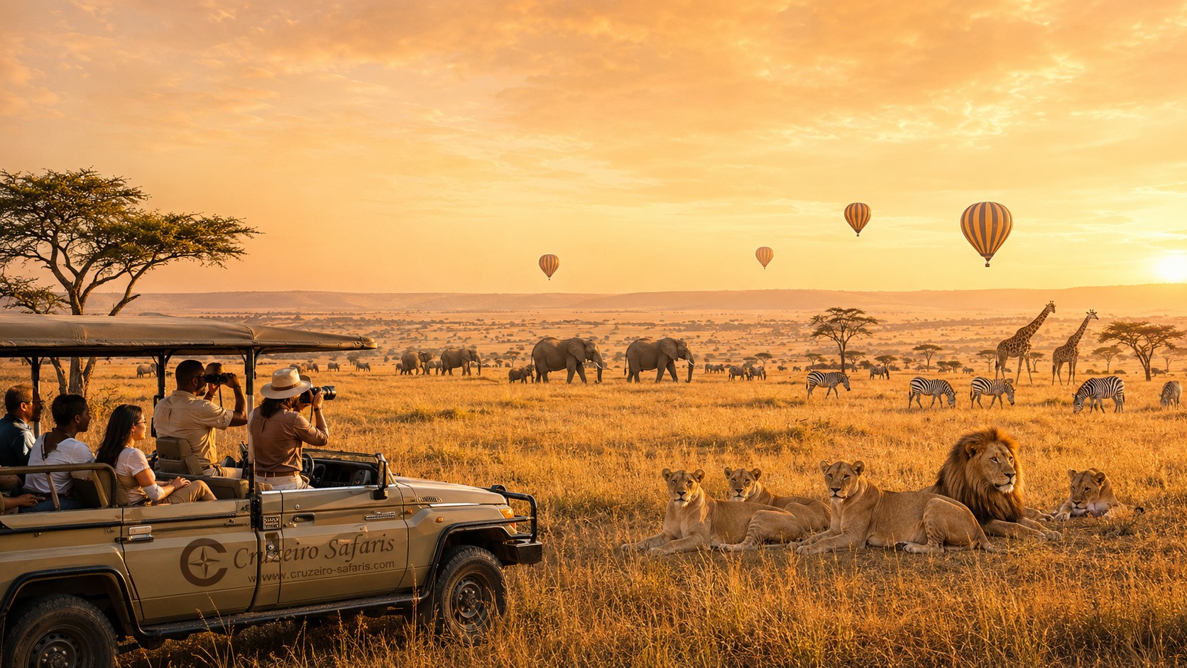 Luxury Masai Mara safari in Kenya by Cruzeiro Safaris Kenya, featuring travelers in a branded 4x4 Land Cruiser watching a pride of lions at sunrise, with elephants, giraffes, zebras, and hot air balloons across the African savannah.