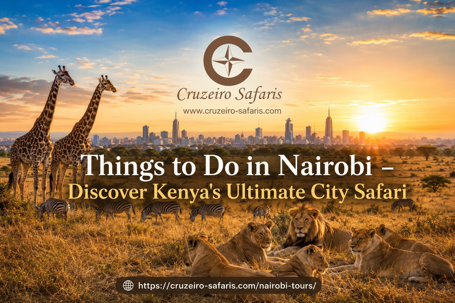 Sunrise over Nairobi National Park with lions, giraffes and zebras against the Nairobi skyline, promoting Things to Do in Nairobi with Cruzeiro Safaris Kenya city safari experiences.