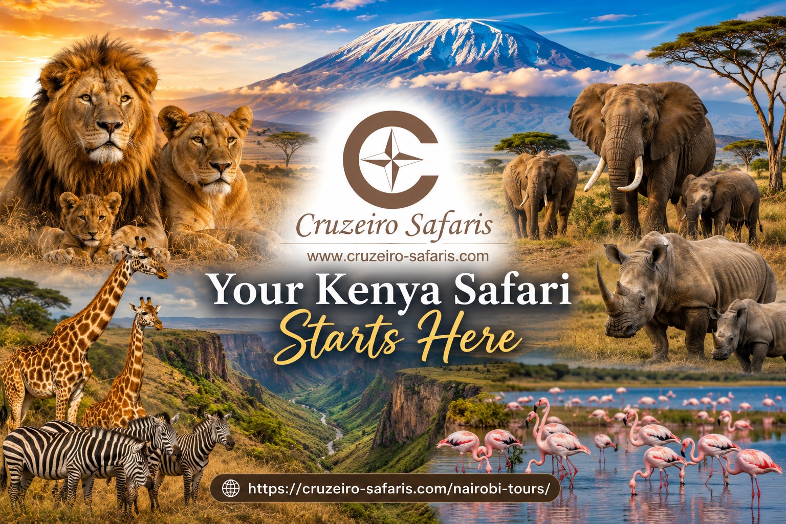 Collage of Kenya's iconic wildlife including lions, elephants, rhinos, giraffes, zebras and flamingos with Mount Kilimanjaro and the Great Rift Valley, promoting Kenya safaris by Cruzeiro Safaris Kenya.